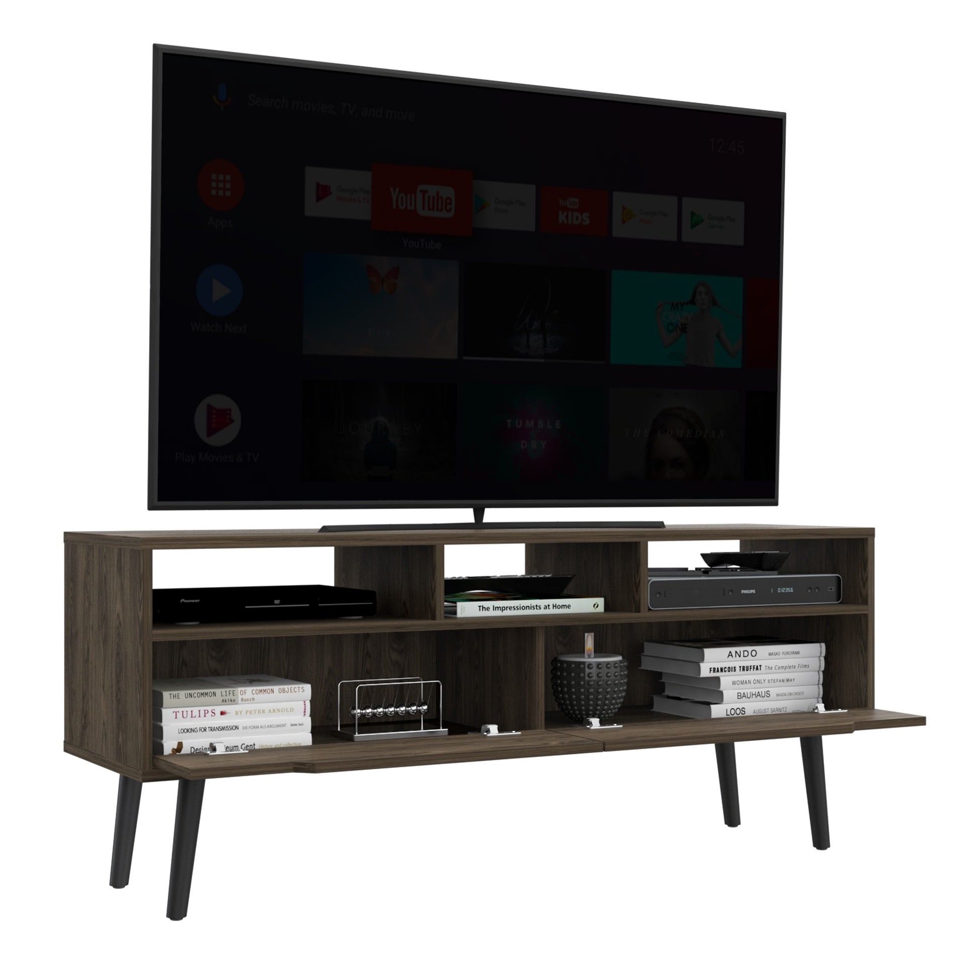 Tv Stand for TV´s up 52", Three Open Shelves, Two Flexible Drawers, Dark Walnut