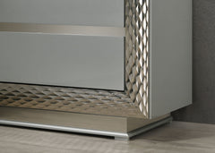 Glam Style 1pc Vanity Set w/ Stool Plinth Base Silver Molding Glass Top LED On Headboard And Mirror Gray Finish Bedroom Furniture