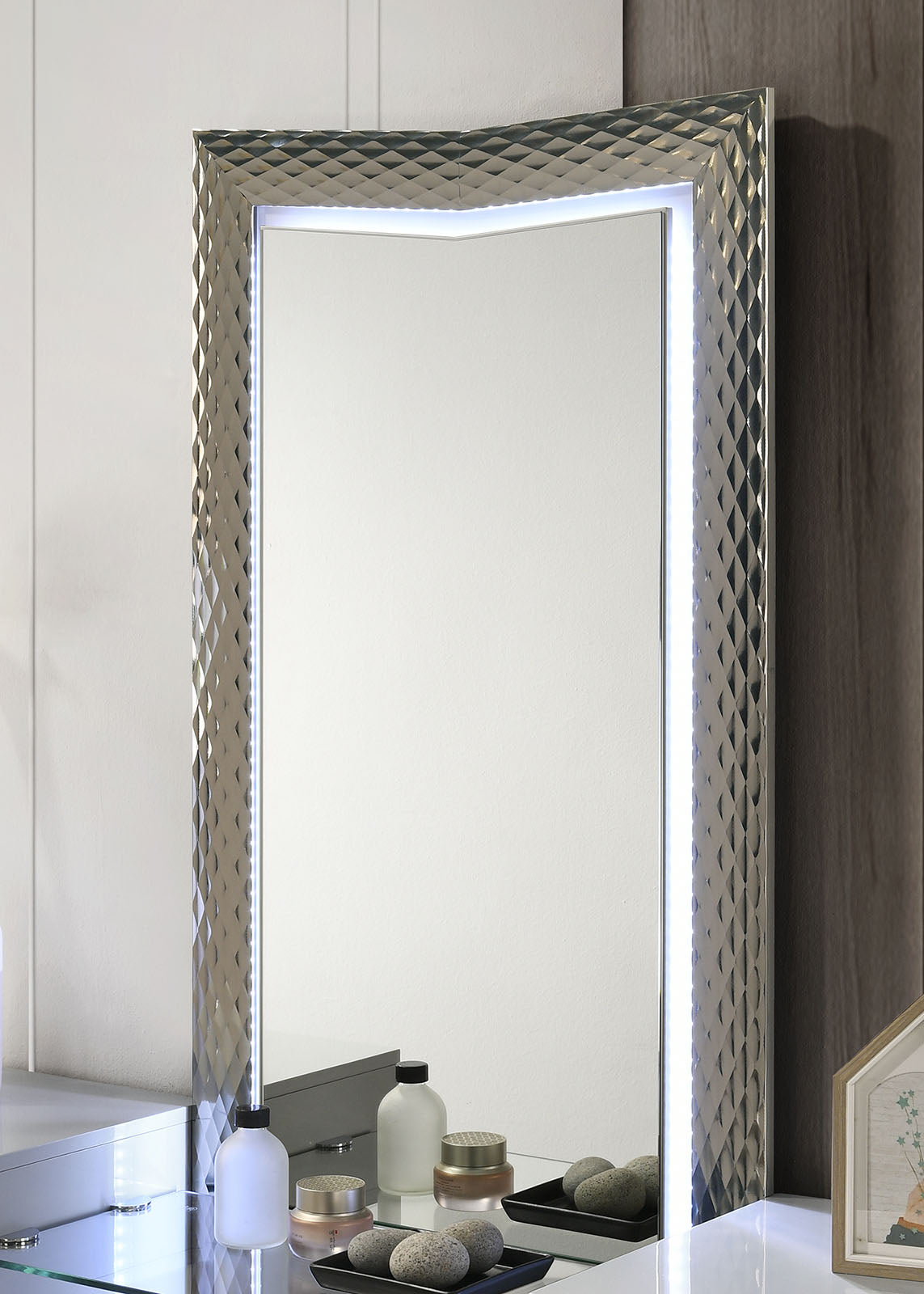 Glam Style 1pc Vanity Set w/ Stool Plinth Base Silver Molding Glass Top LED On Headboard And Mirror Gray Finish Bedroom Furniture