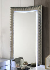 Glam Style 1pc Vanity Set w/ Stool Plinth Base Silver Molding Glass Top LED On Headboard And Mirror Gray Finish Bedroom Furniture