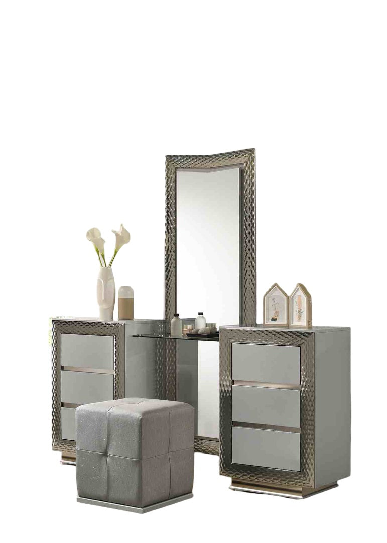 Glam Style 1pc Vanity Set w/ Stool Plinth Base Silver Molding Glass Top LED On Headboard And Mirror Gray Finish Bedroom Furniture