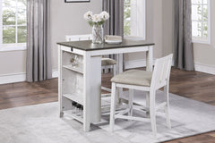 Transitional Design White and Gray Finish 3-piece Pack Counter Height Set Table w Display Shelf USB ports and 2x Counter Height Chairs Fabric Upholstered Dining Furniture