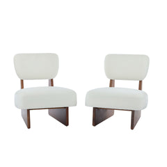 [Set of 2] Modern Beige Lounge Chair with Polyester Upholstery, Sturdy Wood Base With Walnut Finish, Minimalist and Stylish Accent Seating for Living Room, Bedroom, or Office