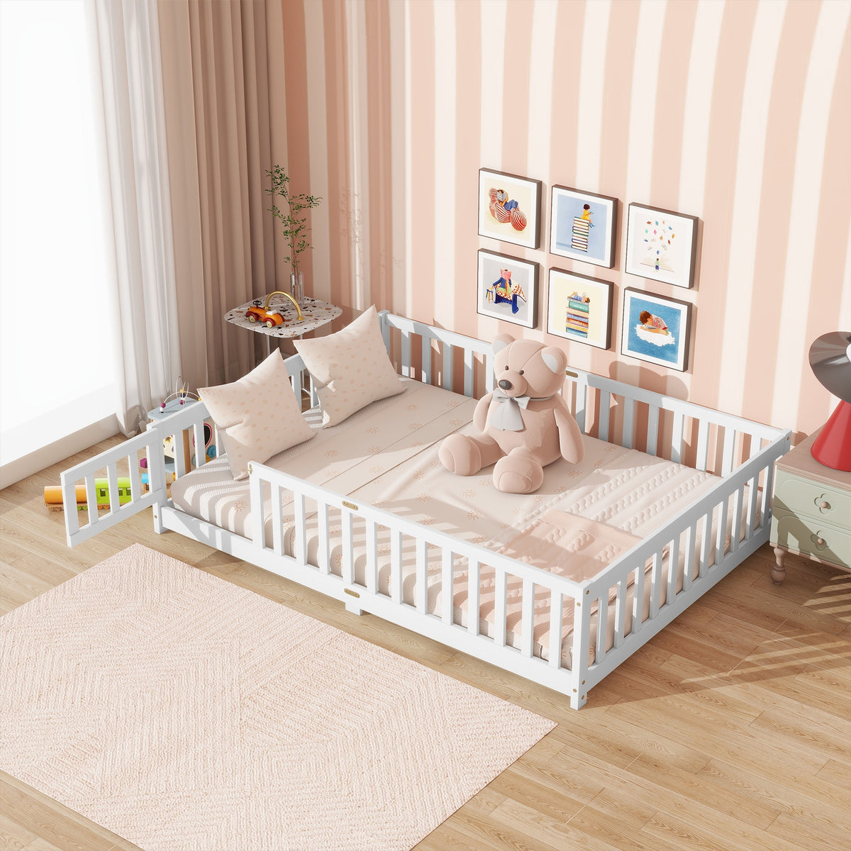 Full Size Floor Bed with Fence and Door,Rubber Wood Floor Bed with Safety Guardrails,White