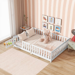 Full Size Floor Bed with Fence and Door,Rubber Wood Floor Bed with Safety Guardrails,White