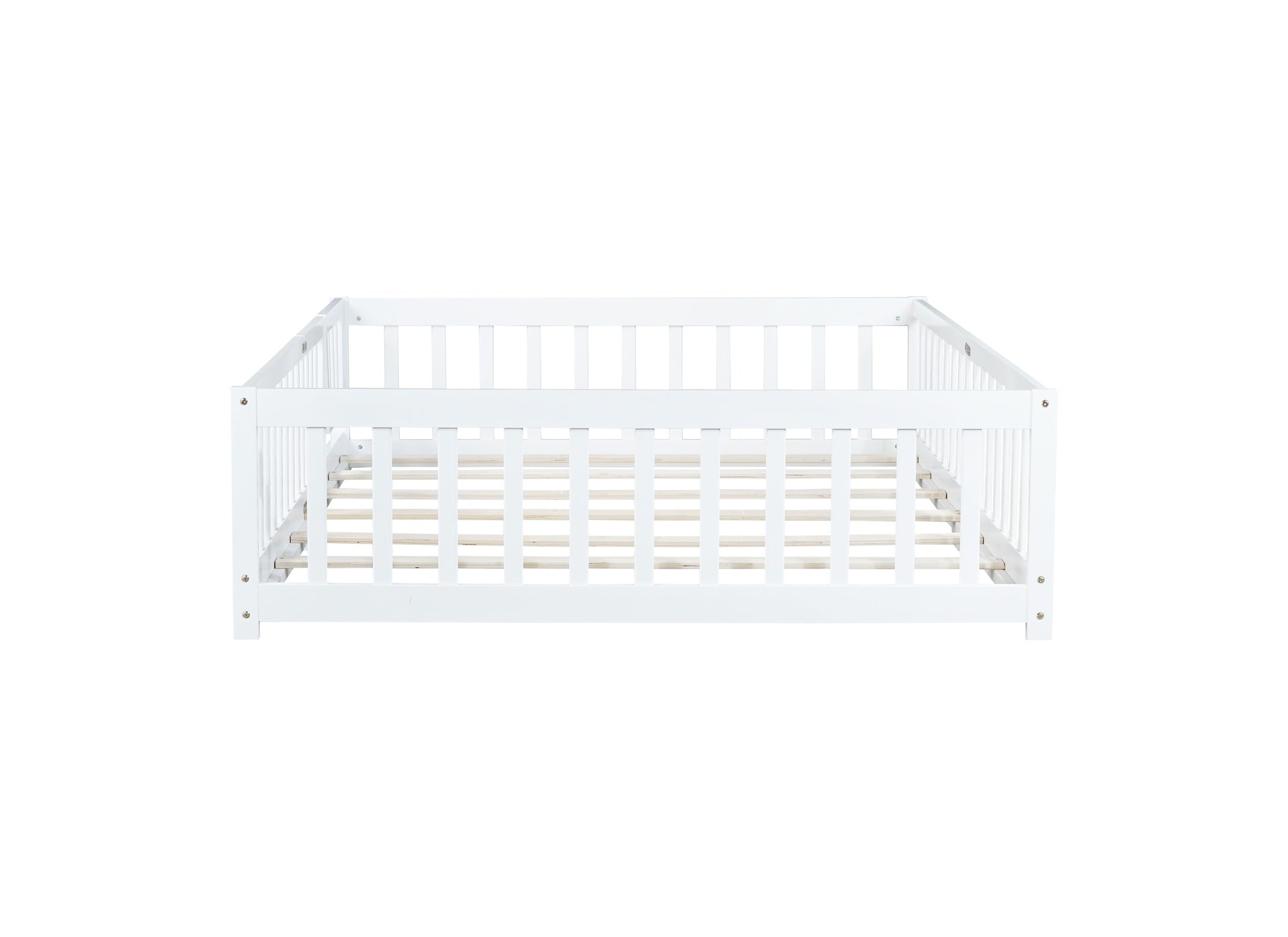 Full Size Floor Bed with Fence and Door,Rubber Wood Floor Bed with Safety Guardrails,White