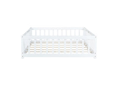 Full Size Floor Bed with Fence and Door,Rubber Wood Floor Bed with Safety Guardrails,White