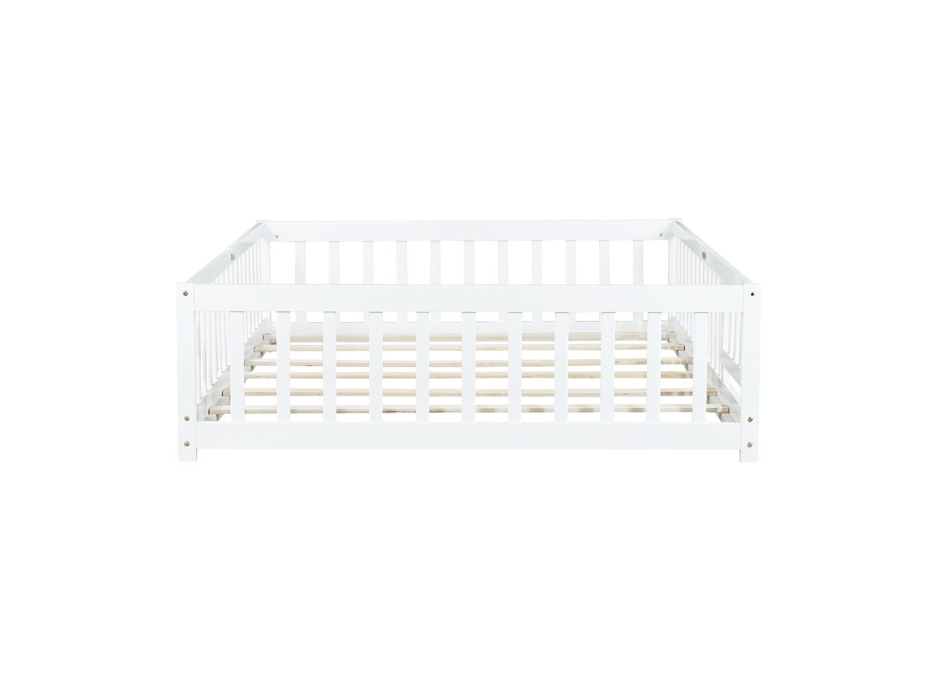 Full Size Floor Bed with Fence and Door,Rubber Wood Floor Bed with Safety Guardrails,White