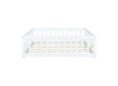 Full Size Floor Bed with Fence and Door,Rubber Wood Floor Bed with Safety Guardrails,White