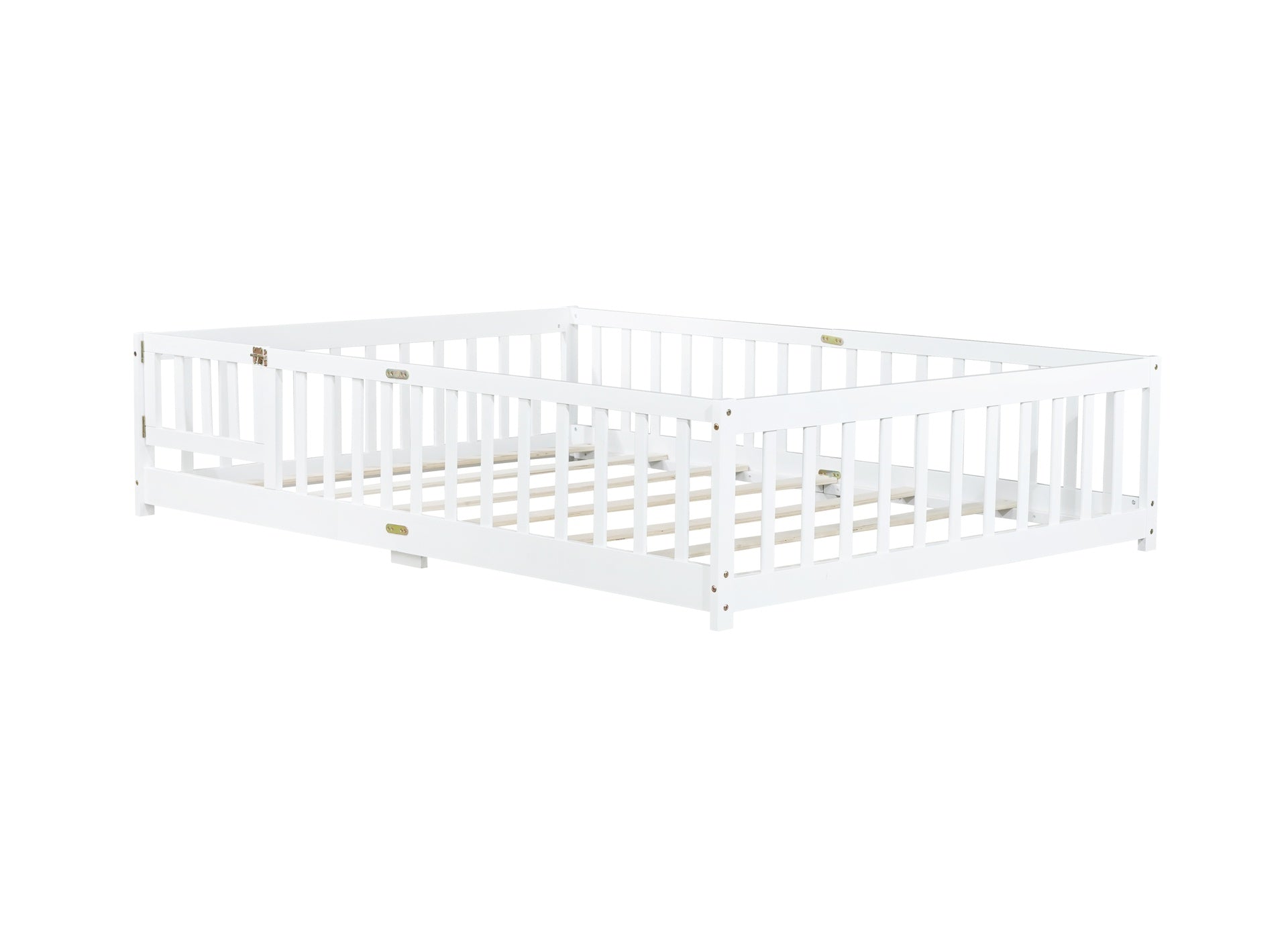 Full Size Floor Bed with Fence and Door,Rubber Wood Floor Bed with Safety Guardrails,White