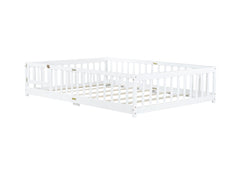 Full Size Floor Bed with Fence and Door,Rubber Wood Floor Bed with Safety Guardrails,White