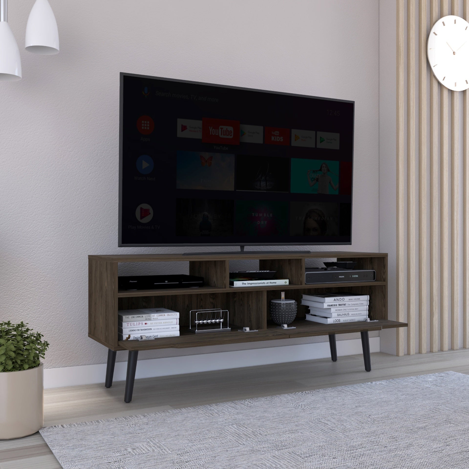 Tv Stand for TV´s up 52" Bull, Three Open Shelves, Two Flexible Drawers, Dark Walnut Finish