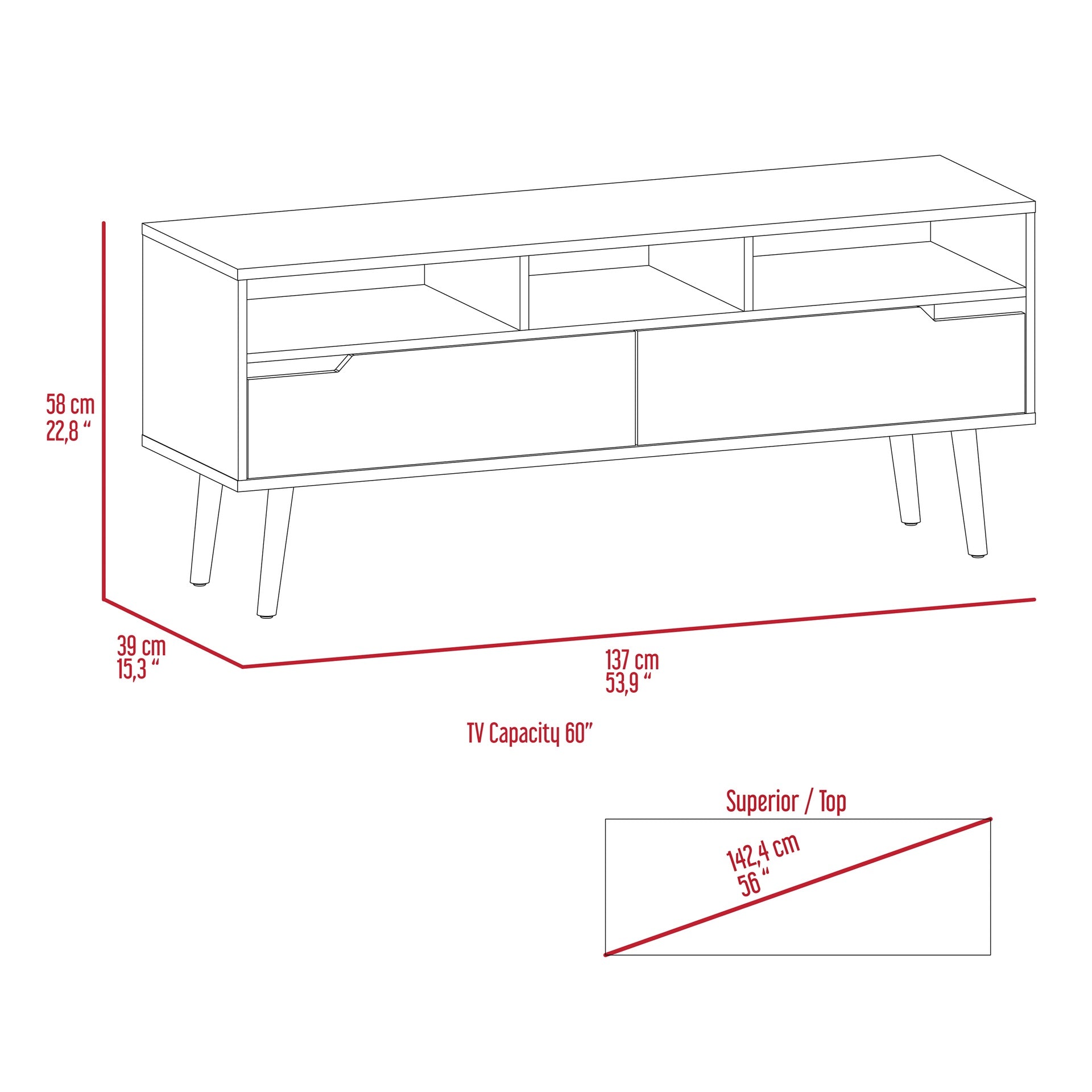 Tv Stand for TV´s up 52" Bull, Three Open Shelves, Two Flexible Drawers, Dark Walnut Finish