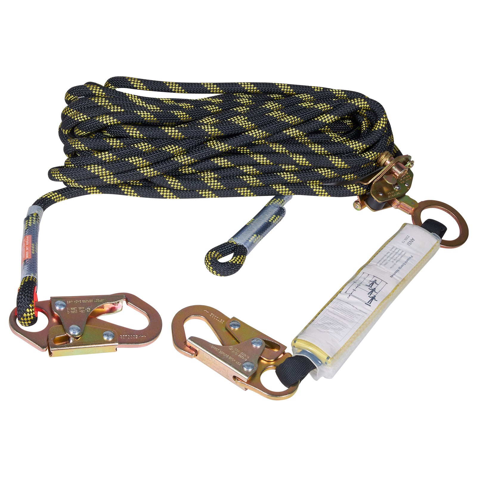 Vertical Lifeline Assembly, 0.55'' x 25' Fall Protection Rope with 30 KN Breaking Tension, Polyester Roofing Rope with Steel Snap Hooks, Rope Grab, and Shock Absorber, ANSI Compliant