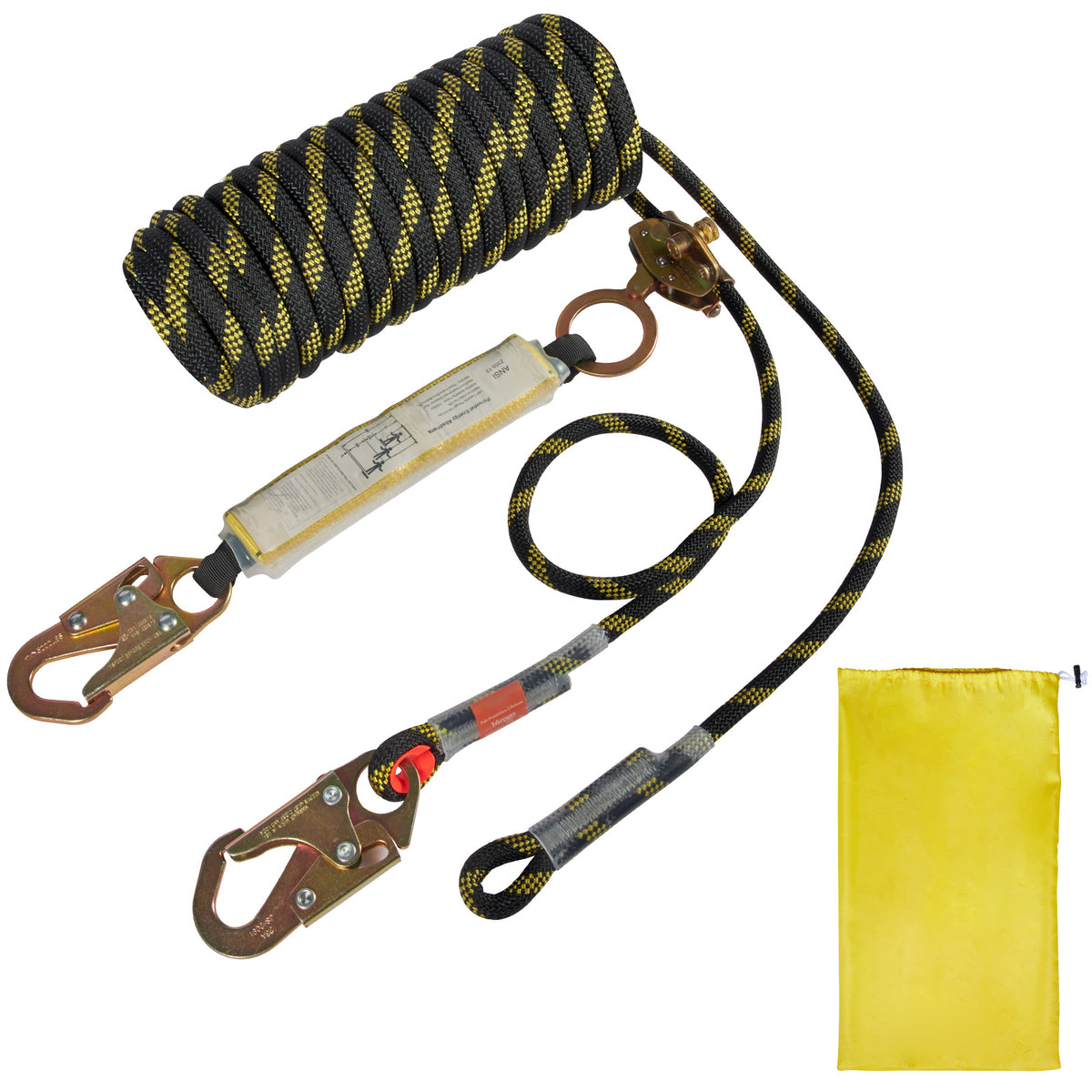 Vertical Lifeline Assembly, 0.55'' x 25' Fall Protection Rope with 30 KN Breaking Tension, Polyester Roofing Rope with Steel Snap Hooks, Rope Grab, and Shock Absorber, ANSI Compliant