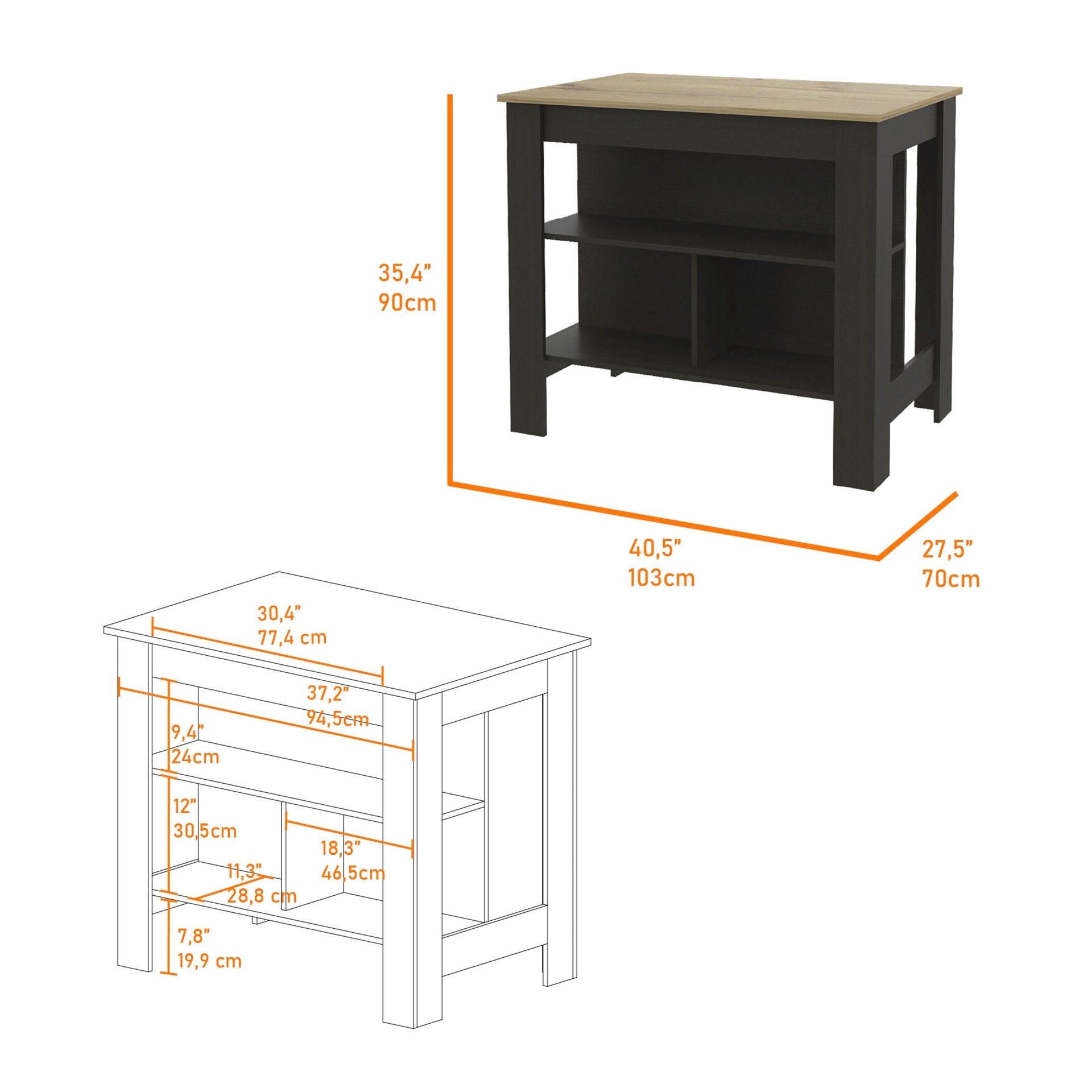Brooklyn  Kitchen Island, Three Concealed Shelves