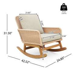Contemporary Minimalist Beige Wicker Rocking Chair with Soft Polyester Cushions and Durable Wooden Frame, Perfect for Indoor and Outdoor Spaces like Patio, Balcony, or Living Room