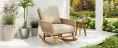 Contemporary Minimalist Beige Wicker Rocking Chair with Soft Polyester Cushions and Durable Wooden Frame, Perfect for Indoor and Outdoor Spaces like Patio, Balcony, or Living Room