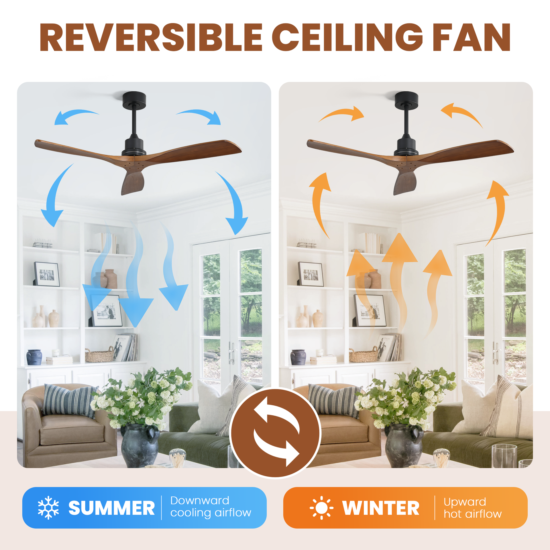 52inch Outdoor Farmhouse Ceiling Fan No Light, with Remote Control Solid Wood Fan Blade Reversible Motor