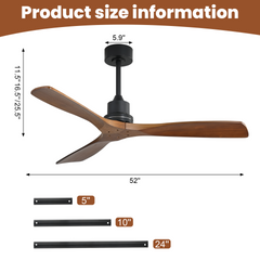52inch Outdoor Farmhouse Ceiling Fan No Light, with Remote Control Solid Wood Fan Blade Reversible Motor