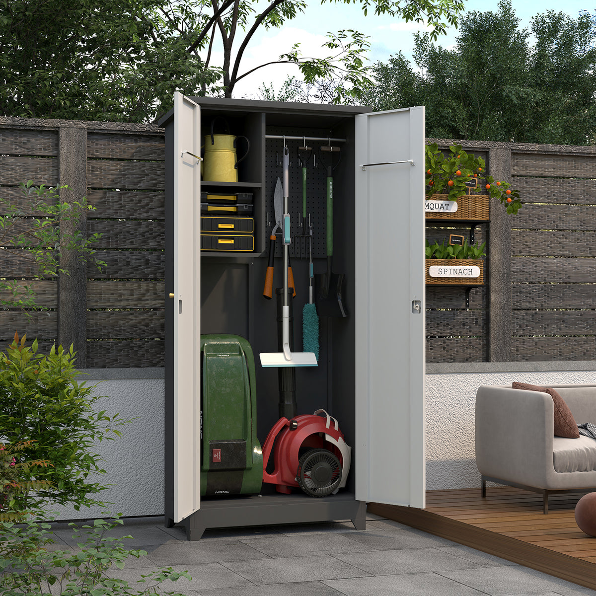 Metal Outdoor Cabinet, Made Of Stainless Steel, Large Capacity, Secure Lock For Anti-theft, Waterproof And Moisture-proof, With Shelves, Cleaning Tool Storage Cabinet, Vertical Tall Garden Cabinet.