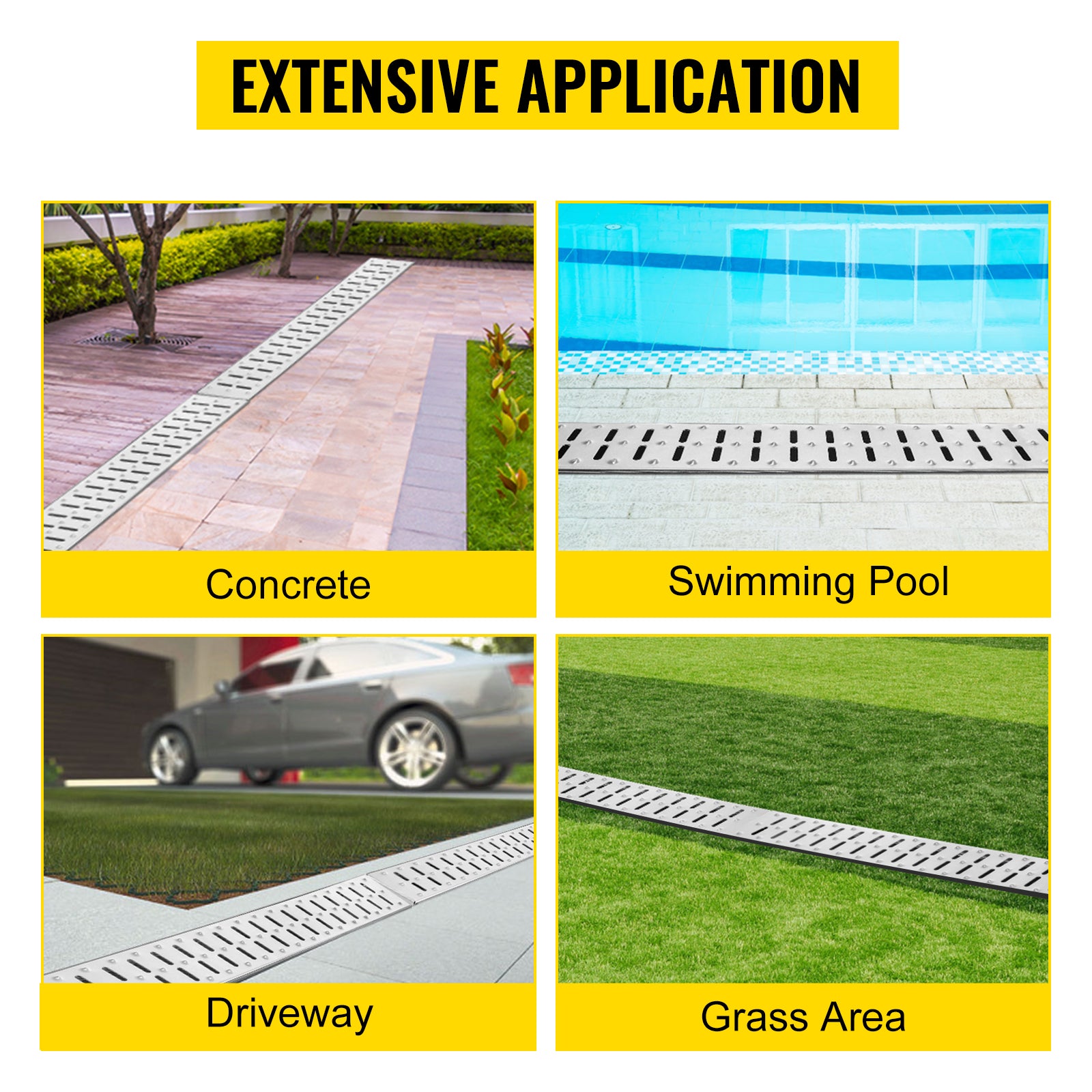 Trench Drain System, Channel Drain with Metal Grate, 5.7x3.1-Inch HDPE Drainage Trench, Black Plastic Garage Floor Drain, 5x39 Trench Drain Grate, with 5 End Caps, for Garden, Driveway-5 Pack