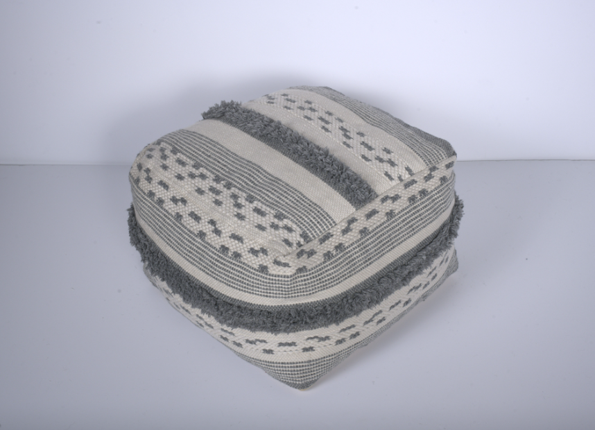 Karim Faux Yarn Large Pouf, Ivory Grey