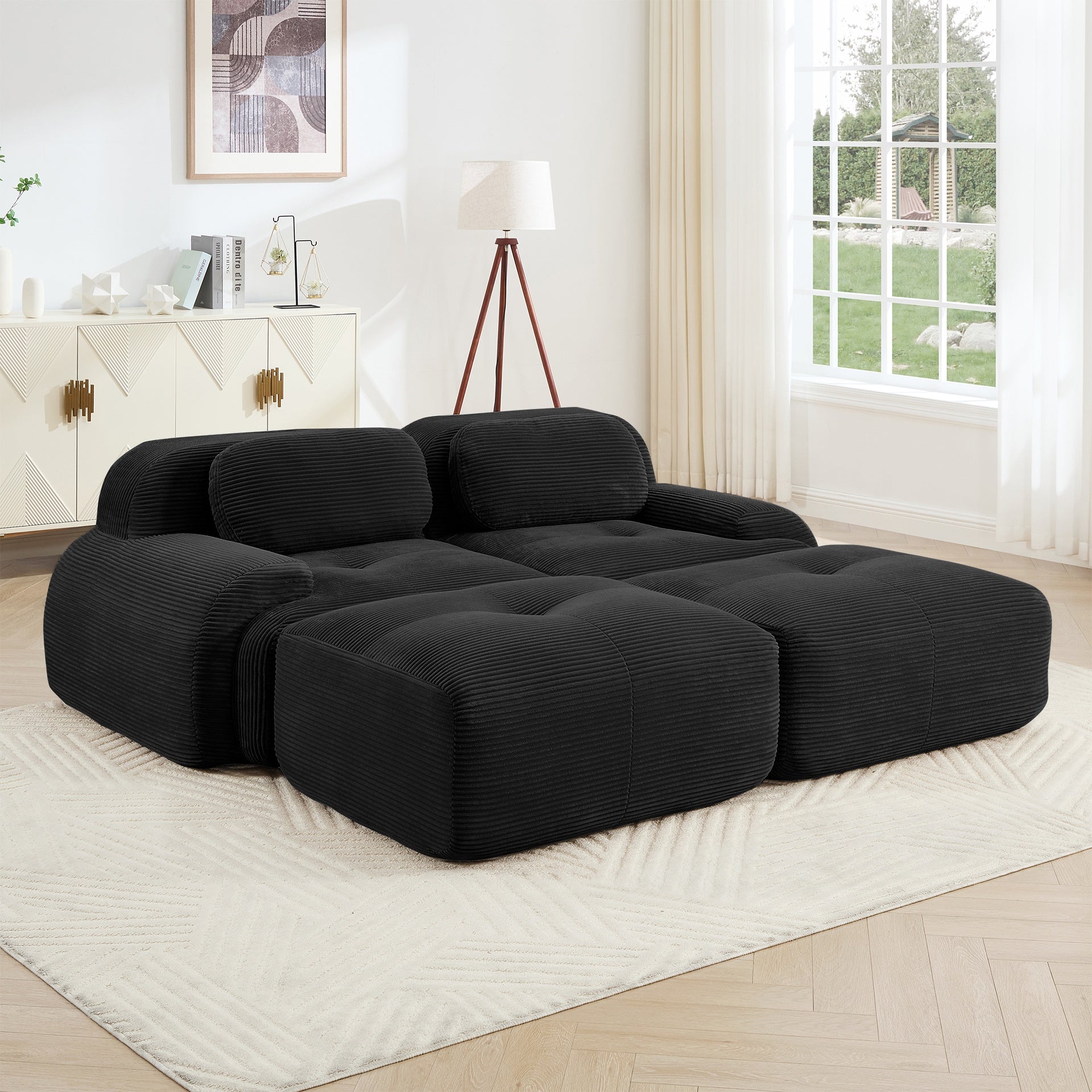 2-seat sofa in luxury Corduroy Fabric fabric modular multi-combination anti-slip design assembly chaise lounge curved armrests ergonomic support high-resilience sponge for living rooms bedrooms,Black