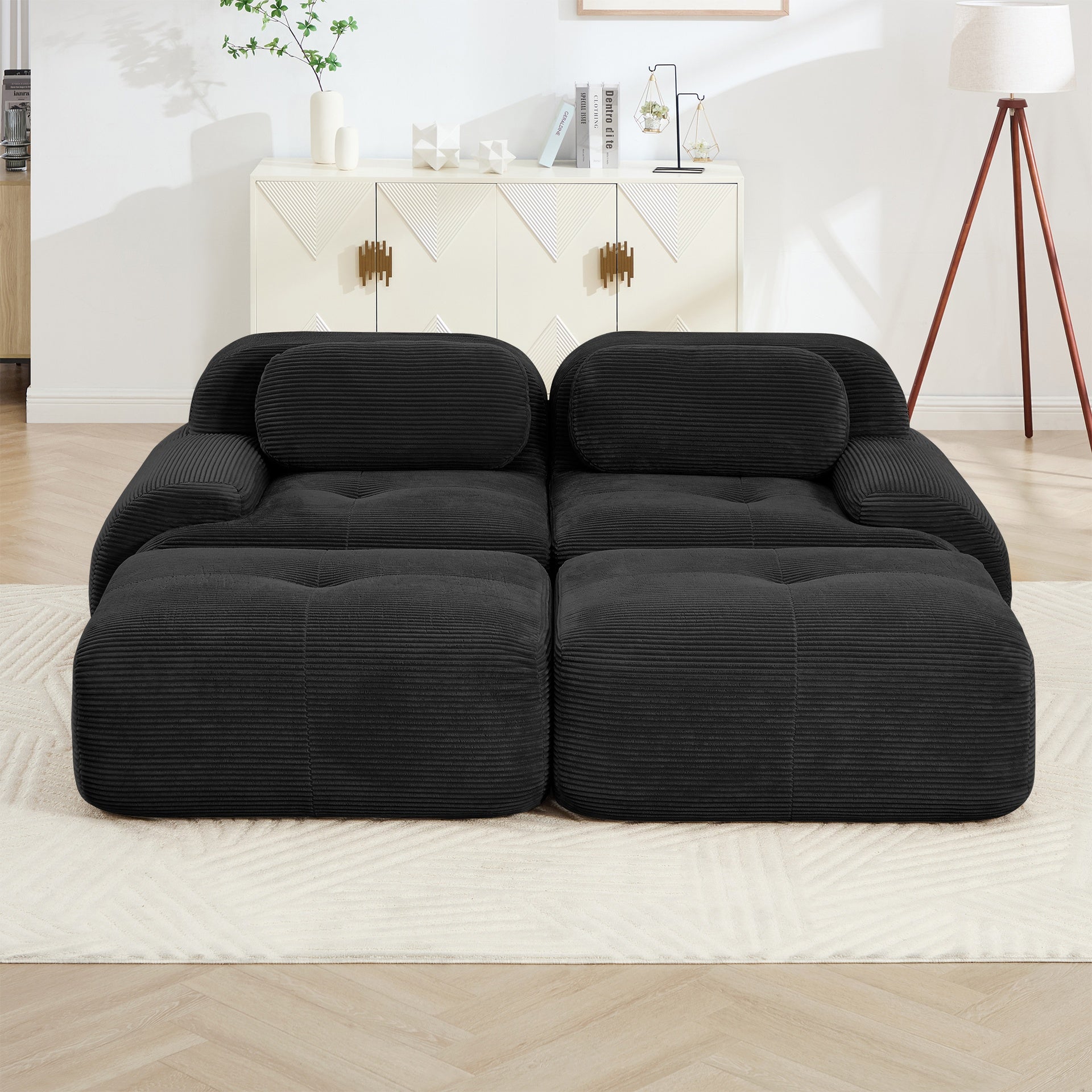2-seat sofa in luxury Corduroy Fabric fabric modular multi-combination anti-slip design assembly chaise lounge curved armrests ergonomic support high-resilience sponge for living rooms bedrooms,Black