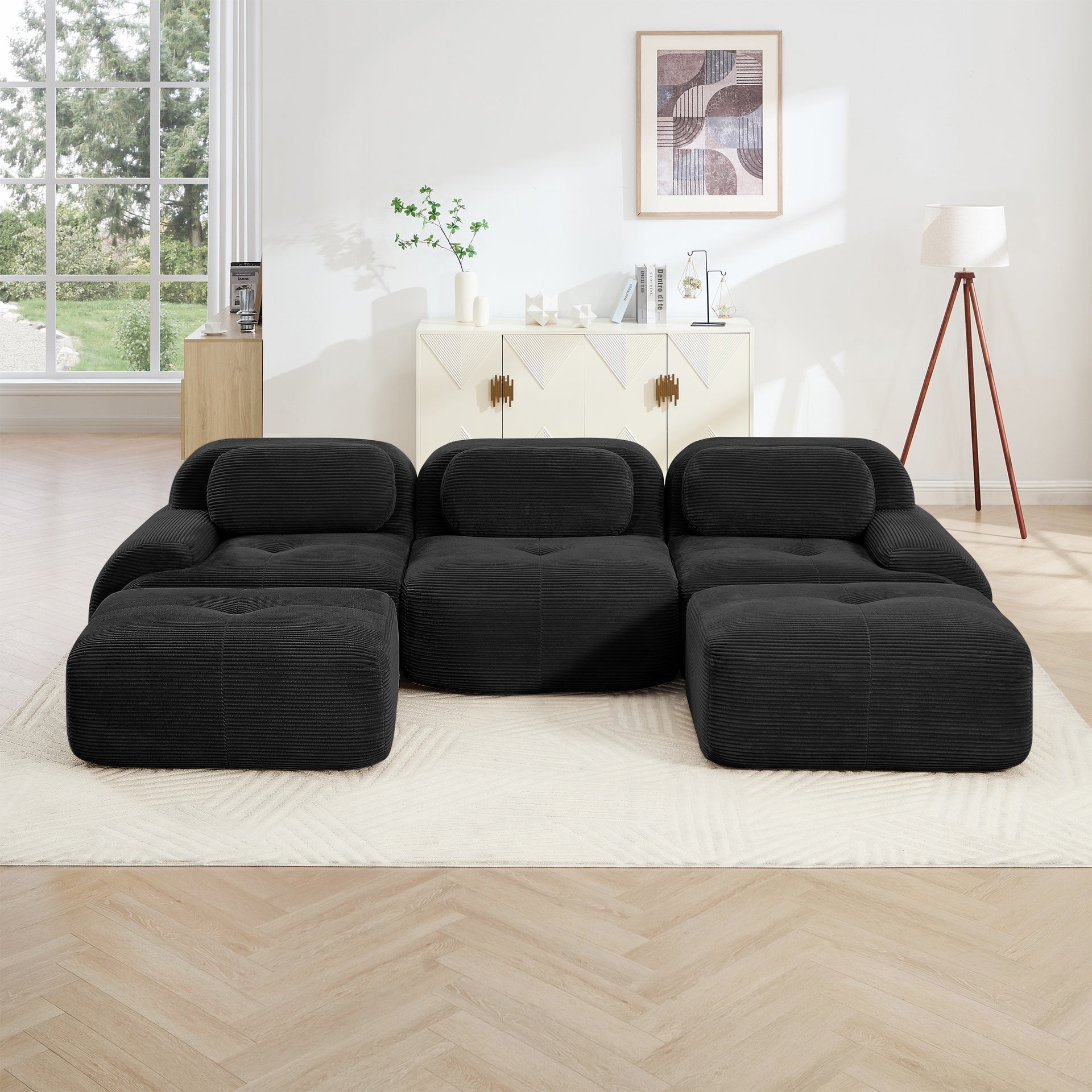 U-shaped modular sofa premiumCorduroy Fabric fabric no assembly anti-slip design pet-friendly extra-wide curved armrests 32D high-resilience sponge for living rooms bedrooms studie,Black