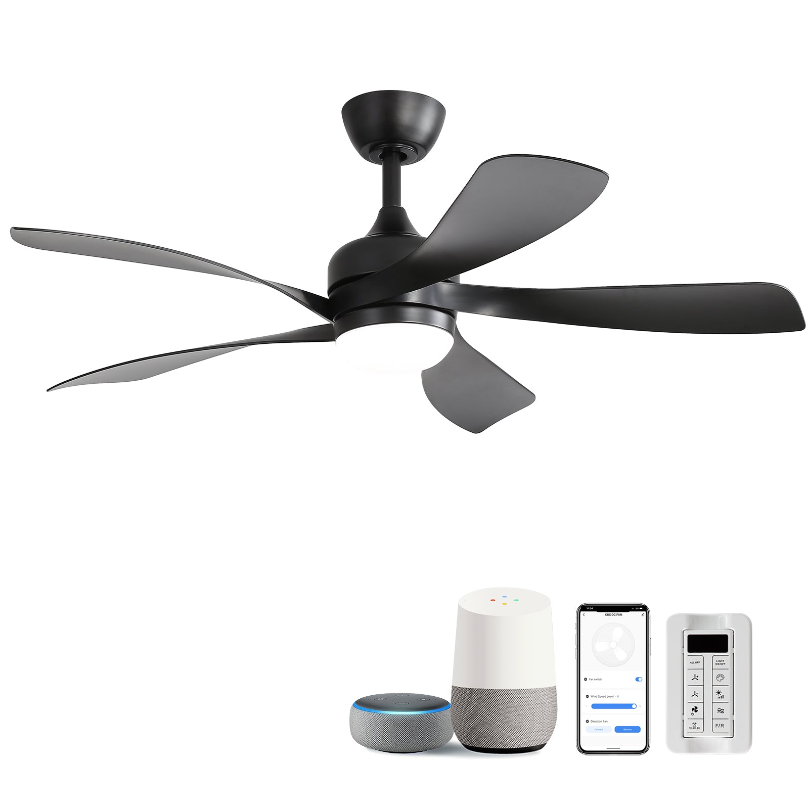 45 Inch Matte Black Smart Ceiling Fan with DC Motor Alexa APP Control Quiet Reversible Operation Dimmable Lighting and Timer