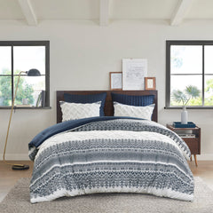 3 Piece Cotton Comforter Set with Chenille Tufting Navy Full/Queen