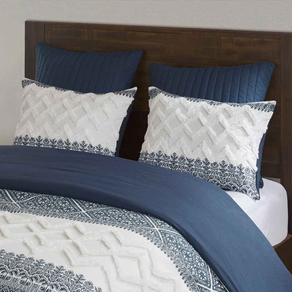 3 Piece Cotton Comforter Set with Chenille Tufting Navy Full/Queen