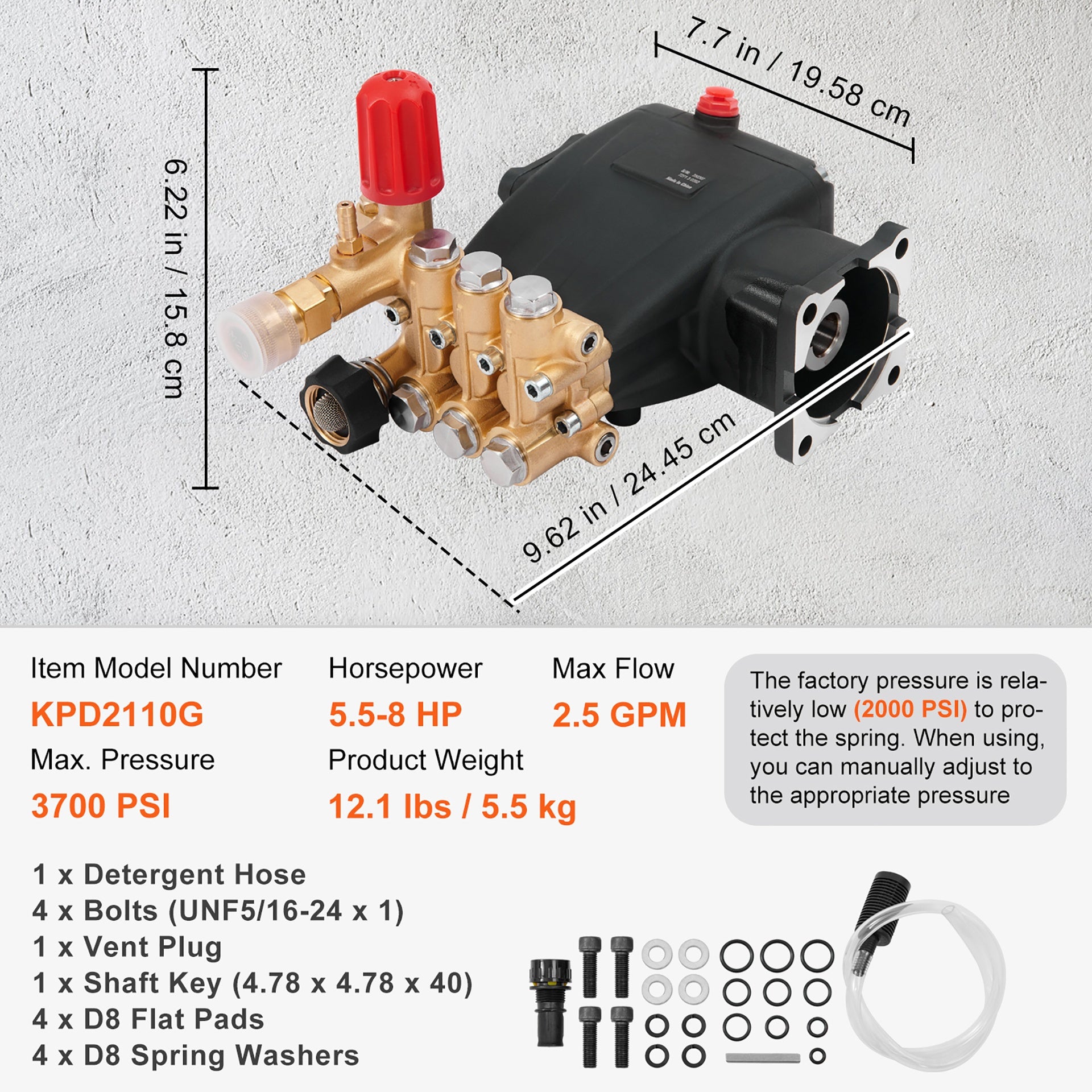 Pressure Washer Pump, 3/4" Shaft Horizontal Triplex Plunger, 3700 PSI, 2.5 GPM, Replacement Power Washer Pumps Kit, Parts Washer Pump, Compatible with Simpson MorFlex Models 40224, 40225, 40226