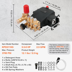 Pressure Washer Pump, 3/4" Shaft Horizontal Triplex Plunger, 3700 PSI, 2.5 GPM, Replacement Power Washer Pumps Kit, Parts Washer Pump, Compatible with Simpson MorFlex Models 40224, 40225, 40226