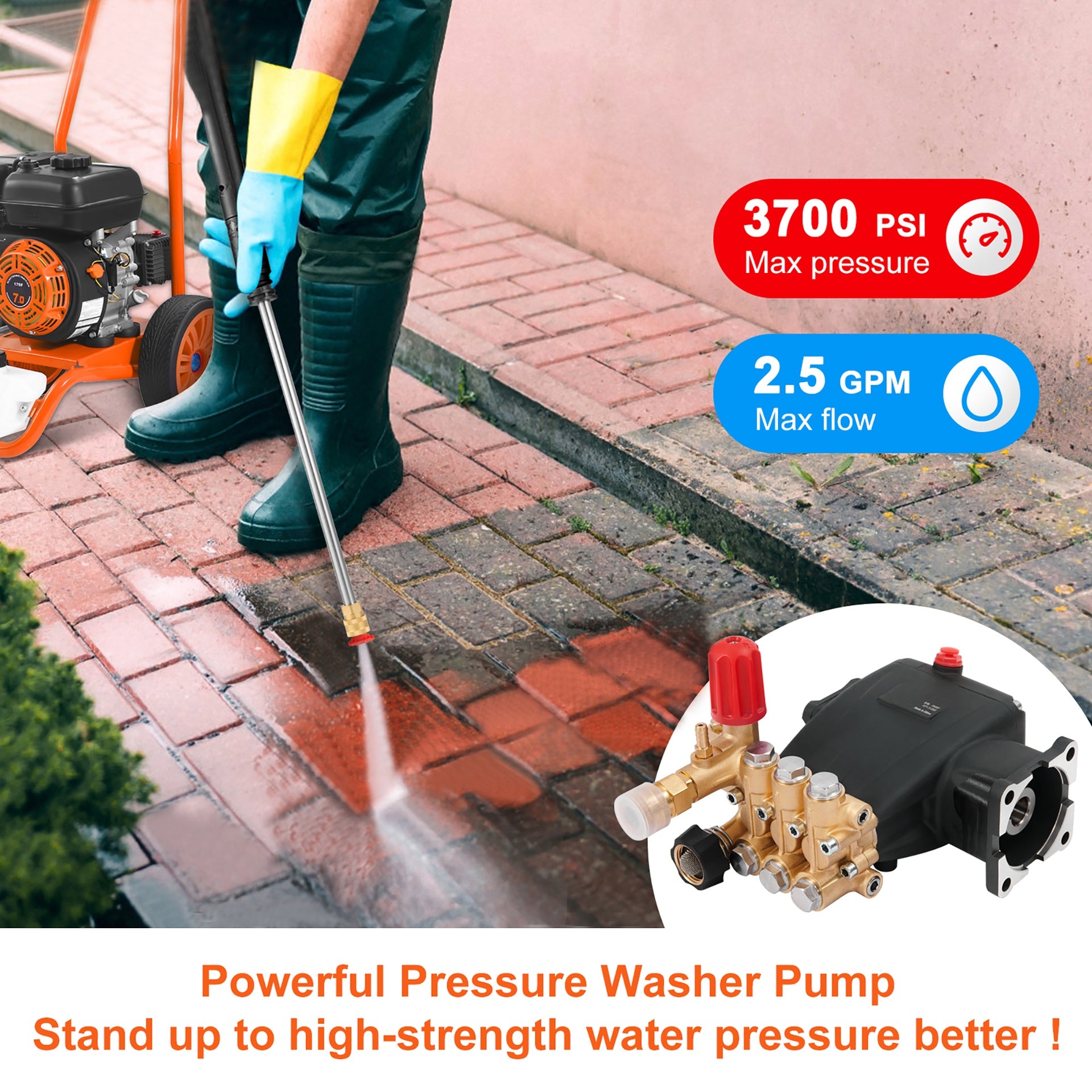 Pressure Washer Pump, 3/4" Shaft Horizontal Triplex Plunger, 3700 PSI, 2.5 GPM, Replacement Power Washer Pumps Kit, Parts Washer Pump, Compatible with Simpson MorFlex Models 40224, 40225, 40226