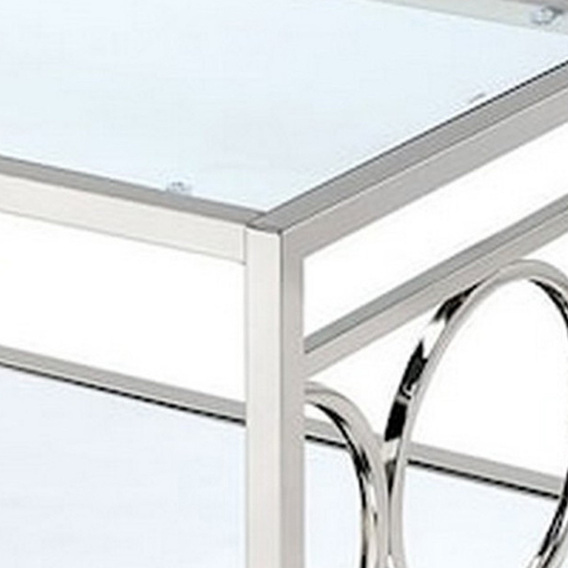 Paire 47 Inch Coffee Table, Glass Top, Mirrored Bottom Shelf, Metal Accents