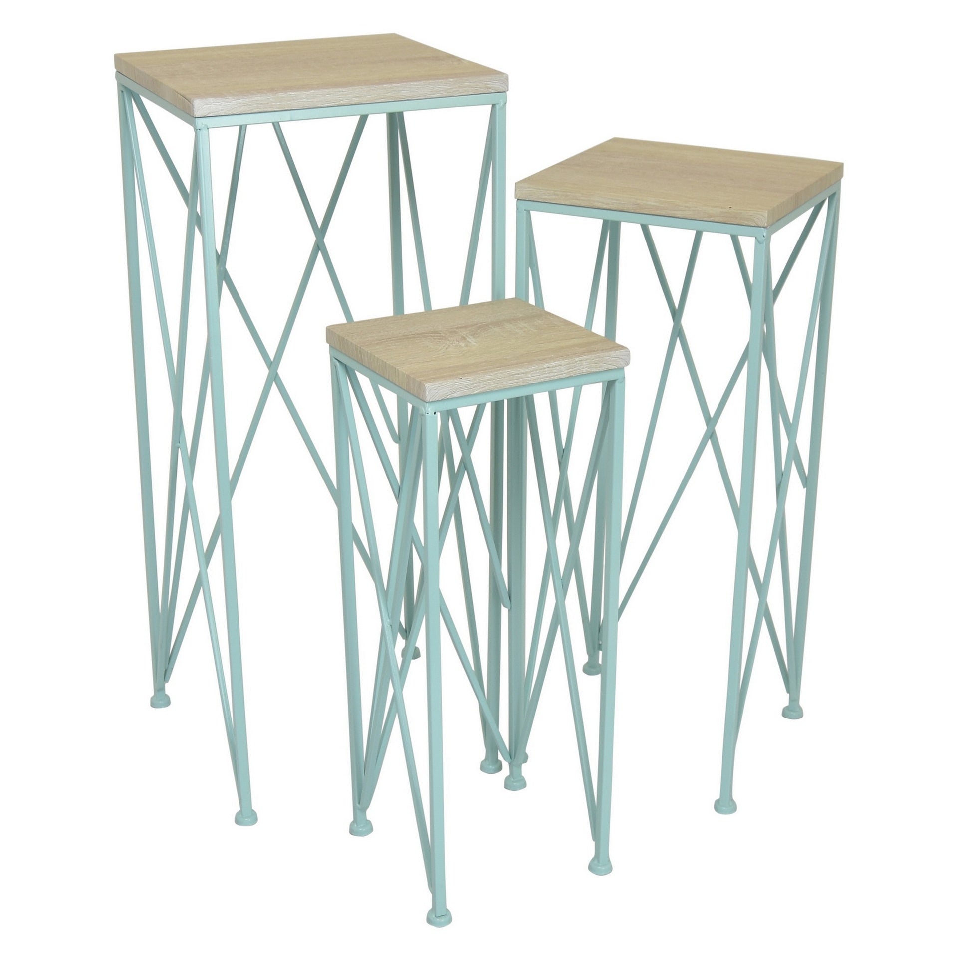 Mito 3pc Nesting Plant Stand Table, Brown Wood Top, X Cross Blue Metal