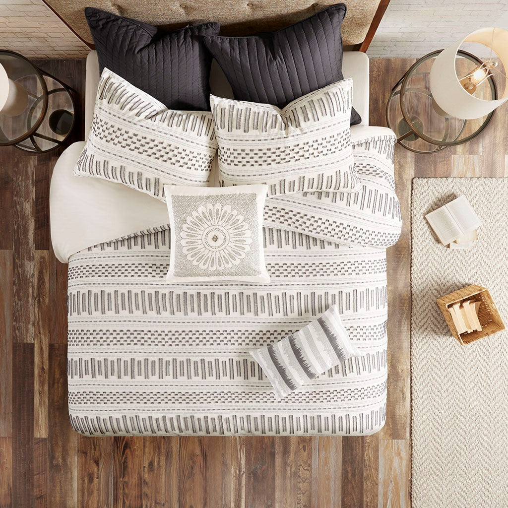 Cotton Jacquard Comforter Mini Set Ivory/Charcoal Full/Queen