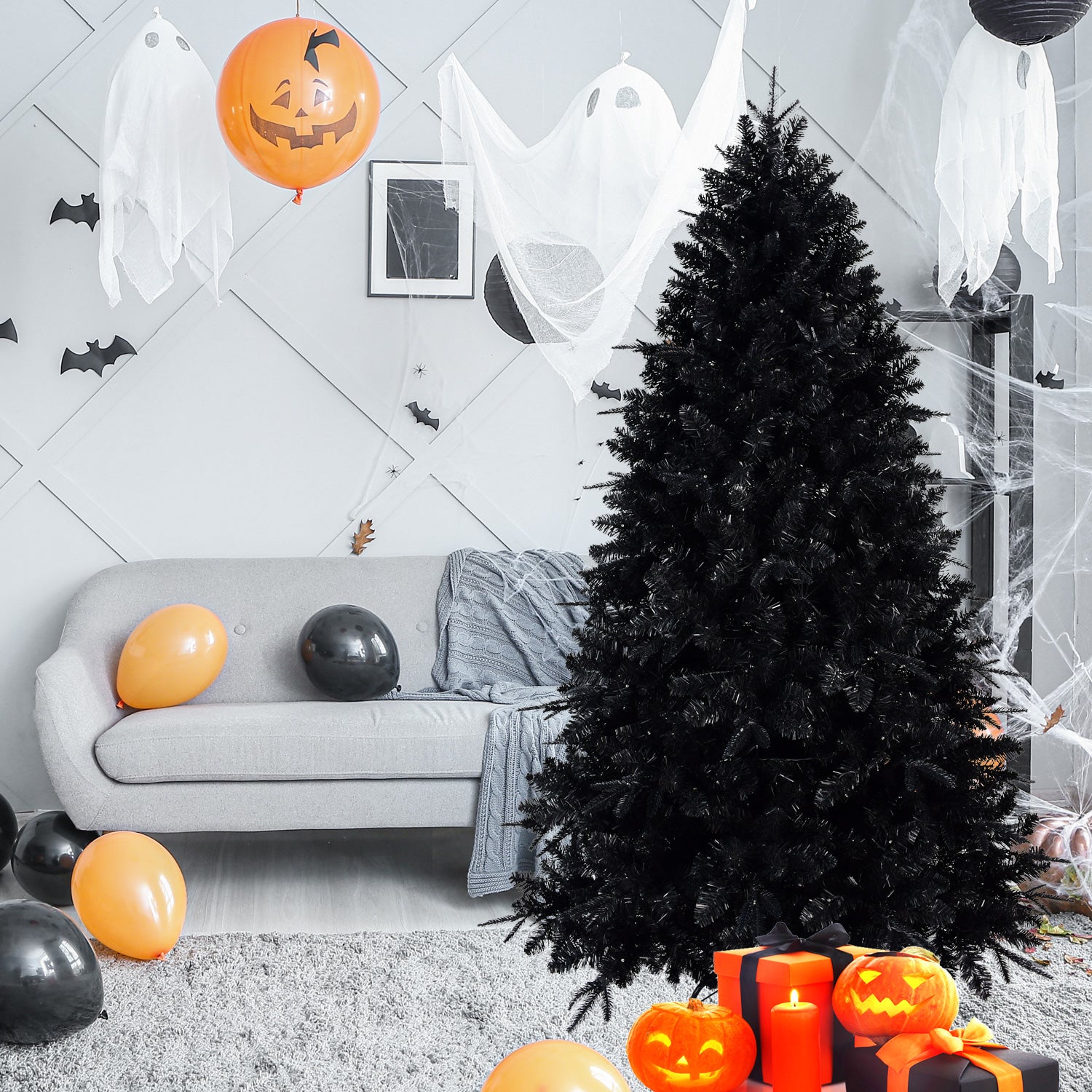 6ft Black Christmas Tree with 350 White LED Lights, 1460 Tips PE+PVC Artificial Tree for Halloween & Holiday Decor, Hinged Structure with Stable Metal Stand
