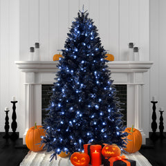 6ft Black Christmas Tree with 350 White LED Lights, 1460 Tips PE+PVC Artificial Tree for Halloween & Holiday Decor, Hinged Structure with Stable Metal Stand