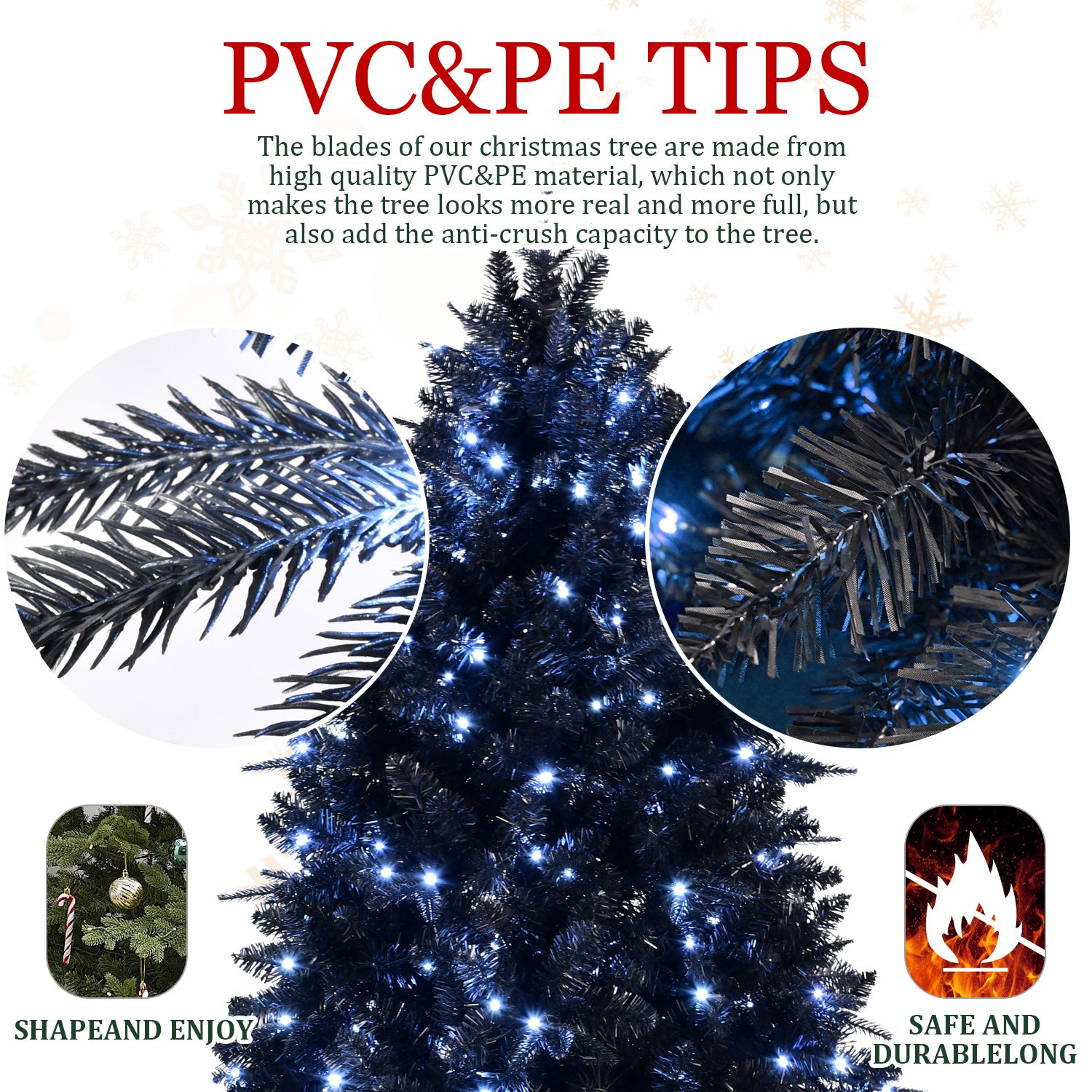 6ft Black Christmas Tree with 350 White LED Lights, 1460 Tips PE+PVC Artificial Tree for Halloween & Holiday Decor, Hinged Structure with Stable Metal Stand