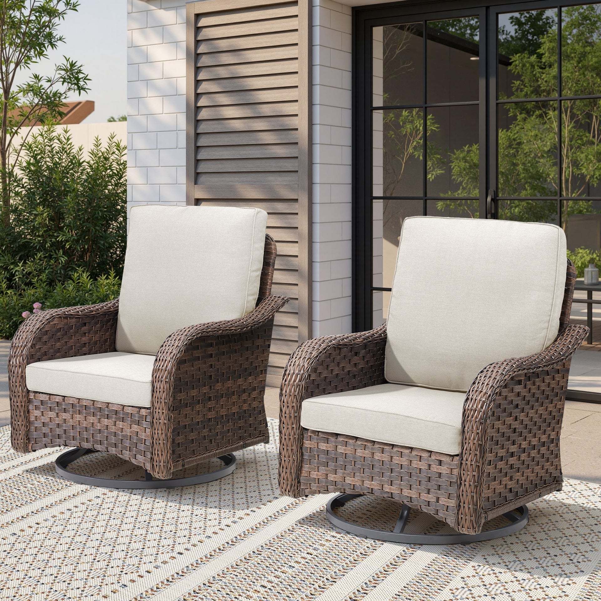 Patio Wicker Rocking Swivel Glider Rocker Cushioned Chairs Set of 2 for Porch Balcony Backyard, Beige