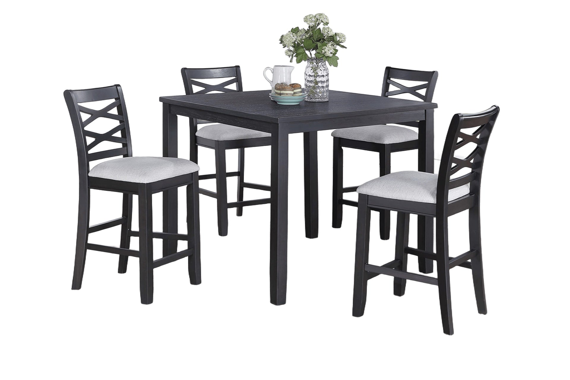 Dining Room Furniture 5pcs Set Charcoal Dining Table 4x Side Chairs Rubberwood Cross Back Design Chair Wooden Top