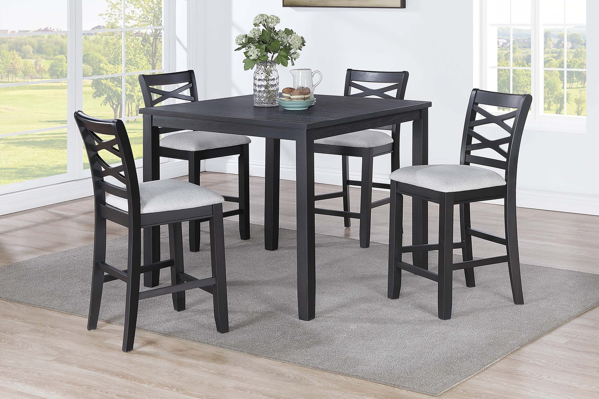 Dining Room Furniture 5pcs Set Charcoal Dining Table 4x Side Chairs Rubberwood Cross Back Design Chair Wooden Top