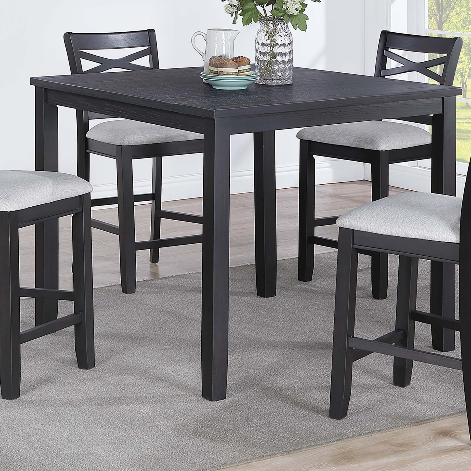Dining Room Furniture 5pcs Set Charcoal Dining Table 4x Side Chairs Rubberwood Cross Back Design Chair Wooden Top