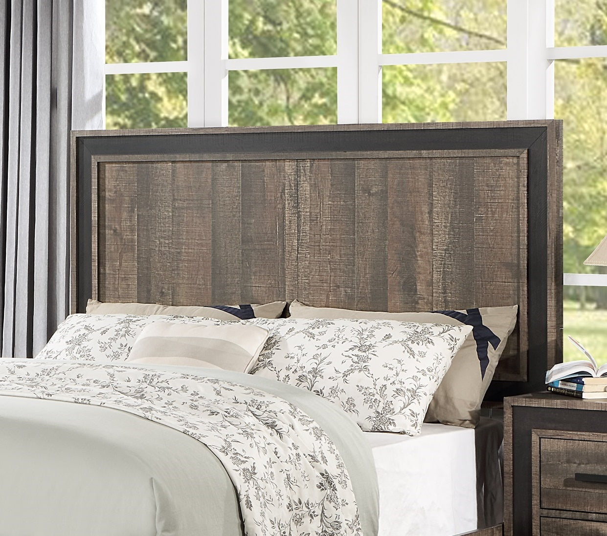 Oak Finish High Headboard 1pc Queen Size Bed Bedroom Furniture Bedframe Panel Design Wooden