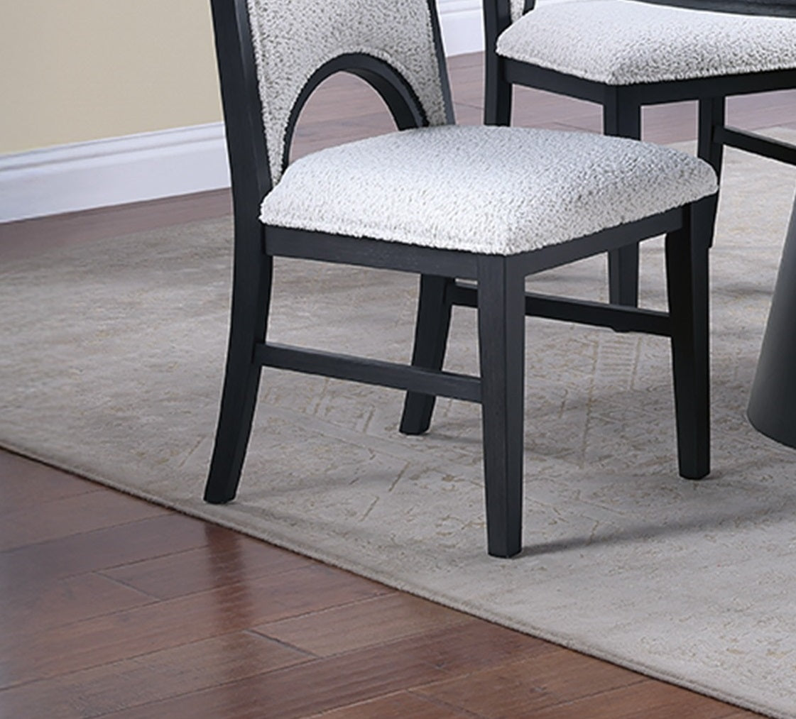 Dining Table And 4x Side Chairs White Finish Fabric Black Round Table w Cone Base Cutout Back Chair 5pc Dining Set