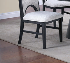 Dining Table And 4x Side Chairs White Finish Fabric Black Round Table w Cone Base Cutout Back Chair 5pc Dining Set