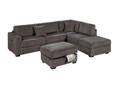 Chocolate Fur-Like Corduroy Sectional Sofa Reversible Chaise Sofa w USB Storage Ottoman Upholstered Couch Pillows 3pc Set Living Room